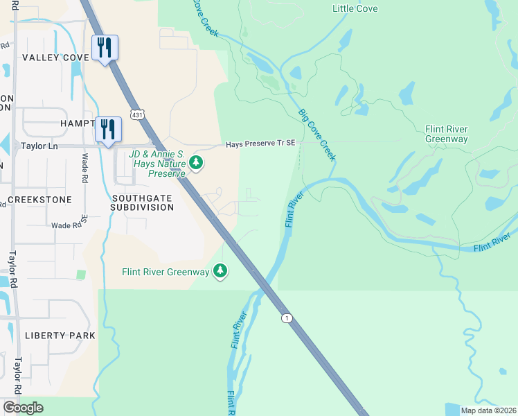 map of restaurants, bars, coffee shops, grocery stores, and more near 7235 U.S. 431 in Owens Cross Roads
