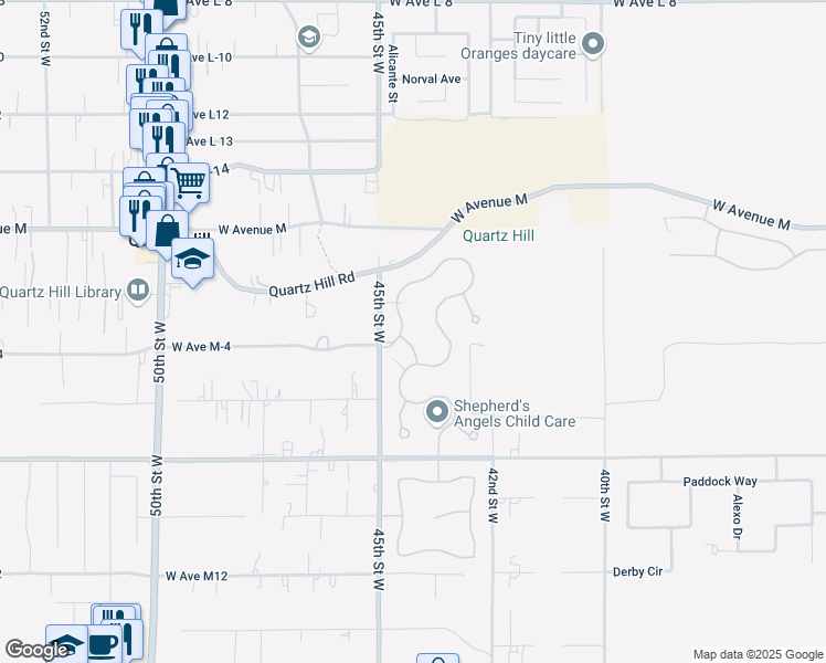 map of restaurants, bars, coffee shops, grocery stores, and more near 41820 Montallegro Street in Lancaster