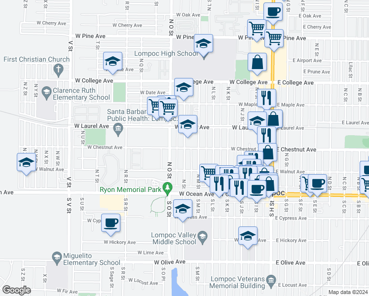 map of restaurants, bars, coffee shops, grocery stores, and more near 699 West Chestnut Avenue in Lompoc