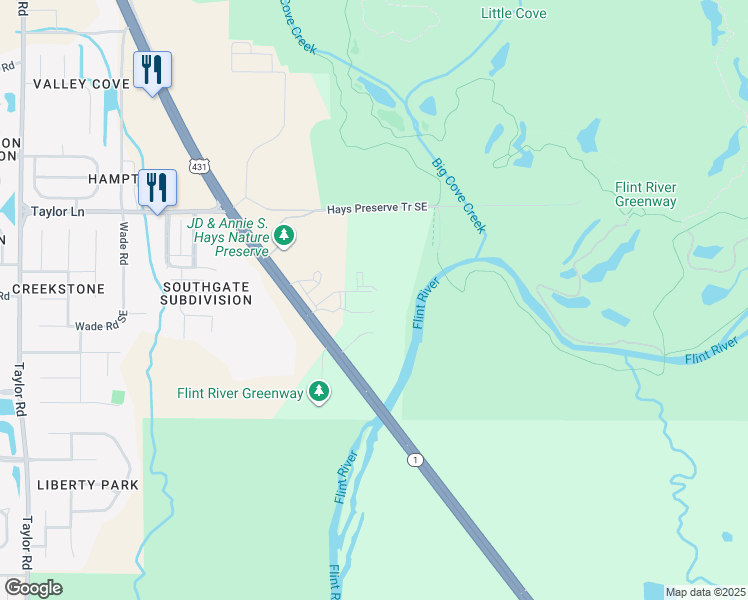 map of restaurants, bars, coffee shops, grocery stores, and more near 7235 U.S. 431 in Huntsville