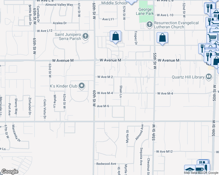 map of restaurants, bars, coffee shops, grocery stores, and more near 5764 Fox Court in Quartz Hill