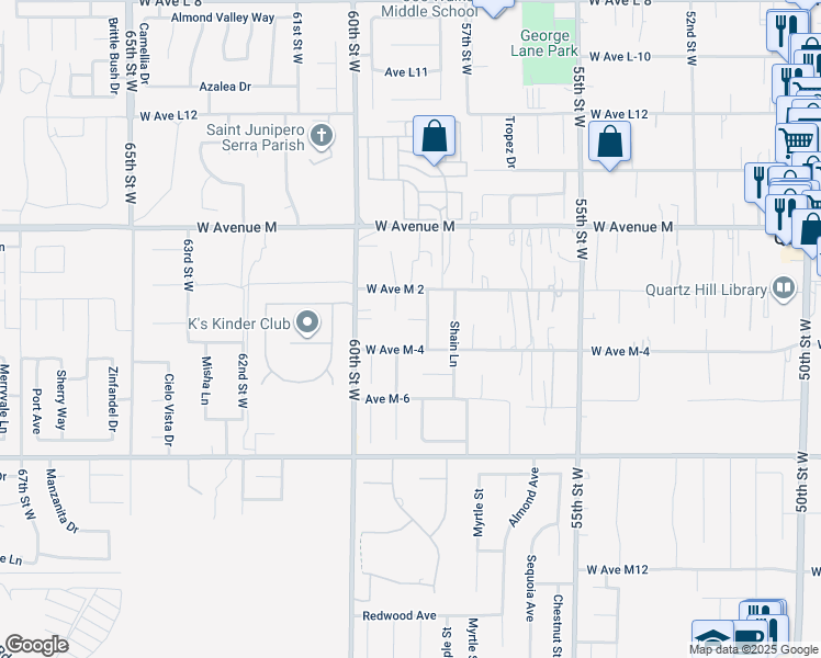 map of restaurants, bars, coffee shops, grocery stores, and more near 5764 Fox Court in Quartz Hill