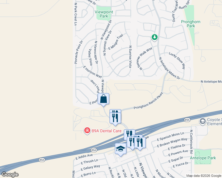map of restaurants, bars, coffee shops, grocery stores, and more near 6855 North Viewpoint Drive in Prescott Valley