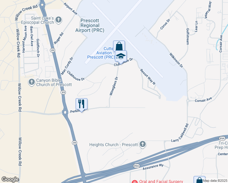 map of restaurants, bars, coffee shops, grocery stores, and more near 13 Wineglass Drive in Prescott