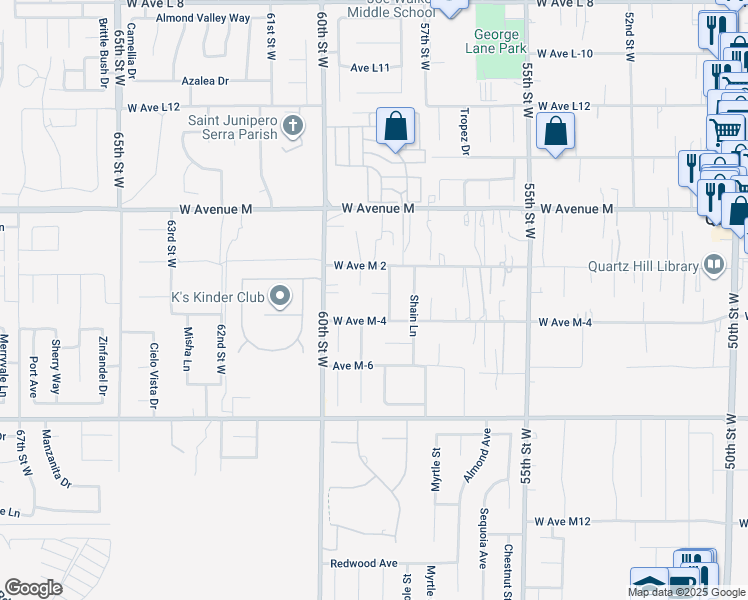 map of restaurants, bars, coffee shops, grocery stores, and more near 5764 Fox Court in Quartz Hill