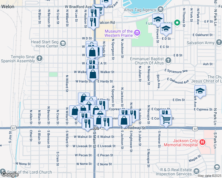 map of restaurants, bars, coffee shops, grocery stores, and more near 503 North Spurgeon Street in Altus
