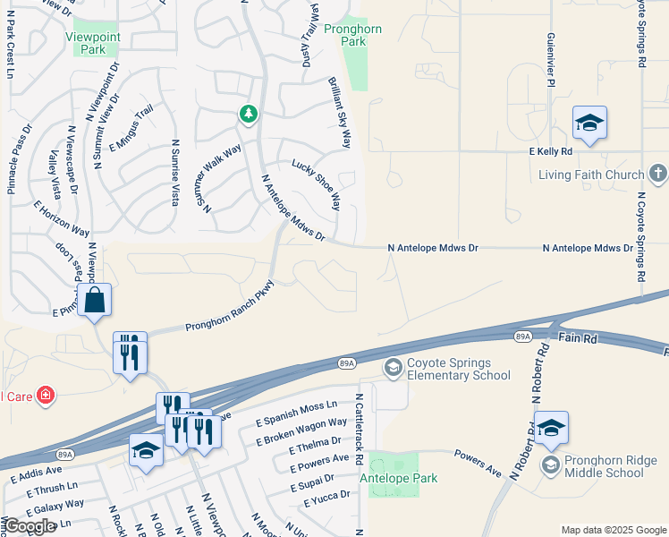 map of restaurants, bars, coffee shops, grocery stores, and more near 7875 East Harmony Way in Prescott Valley