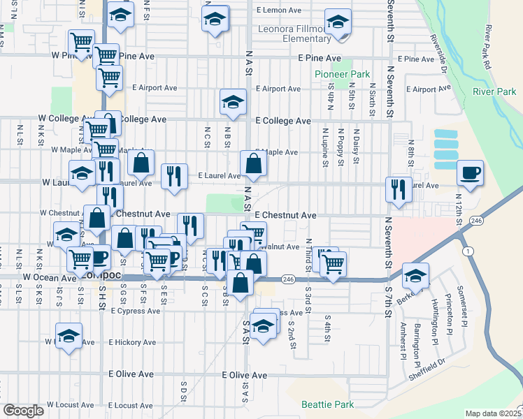 map of restaurants, bars, coffee shops, grocery stores, and more near 801 E Chestnut Ave in Lompoc