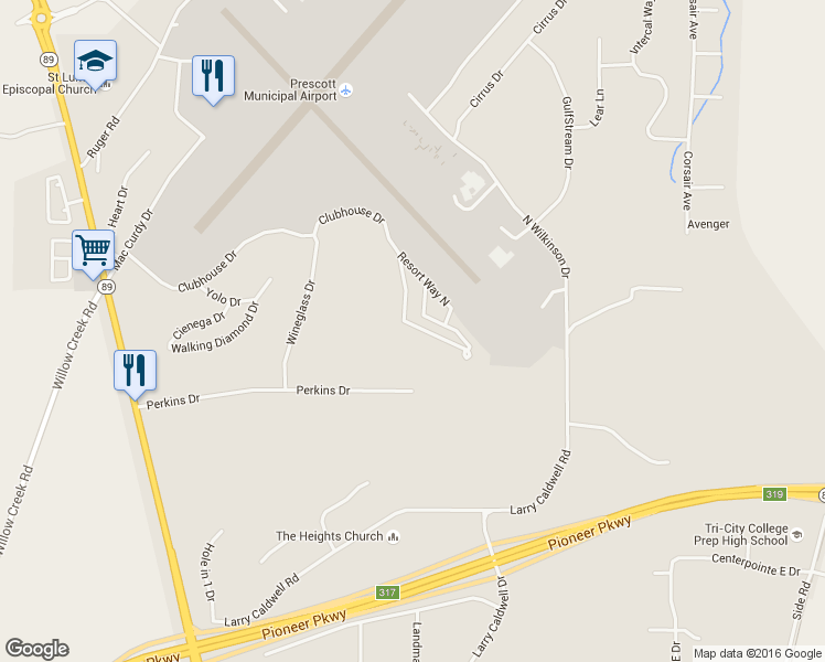 map of restaurants, bars, coffee shops, grocery stores, and more near 2207 Clubhouse Drive in Prescott