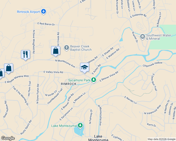 map of restaurants, bars, coffee shops, grocery stores, and more near 4030 East Aztec Road in Lake Montezuma