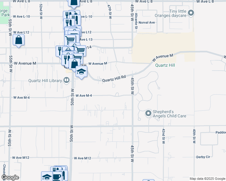 map of restaurants, bars, coffee shops, grocery stores, and more near 4620 Quartz Hill Road in Quartz Hill