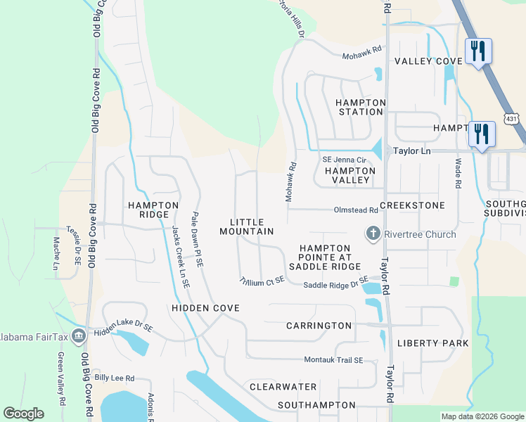 map of restaurants, bars, coffee shops, grocery stores, and more near 7043 Ridge Crest Road Southeast in Owens Cross Roads