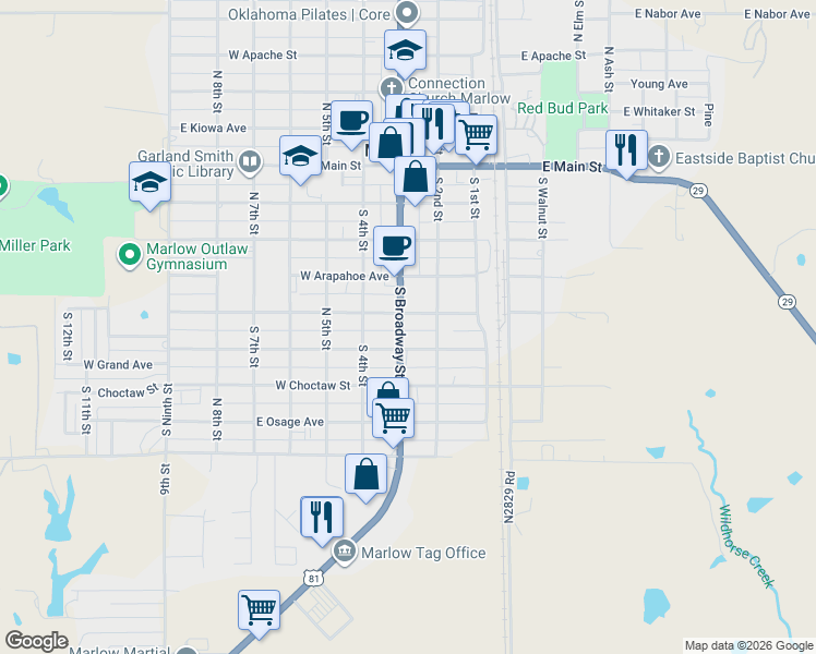map of restaurants, bars, coffee shops, grocery stores, and more near 506 South Broadway Street in Marlow