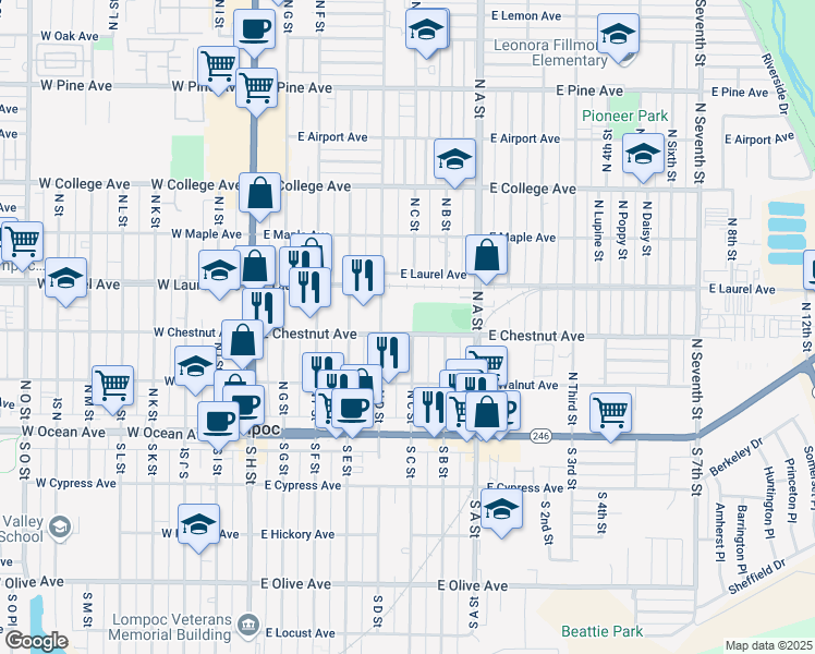 map of restaurants, bars, coffee shops, grocery stores, and more near 523 East Chestnut Avenue in Lompoc