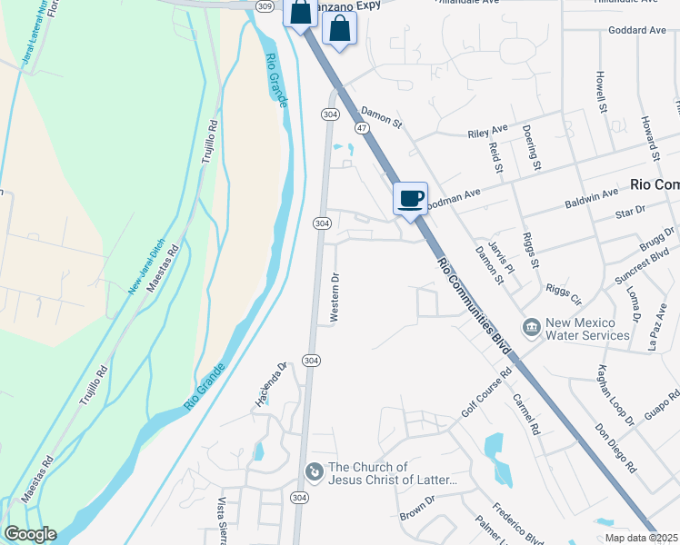 map of restaurants, bars, coffee shops, grocery stores, and more near 412 Western Drive in Belen