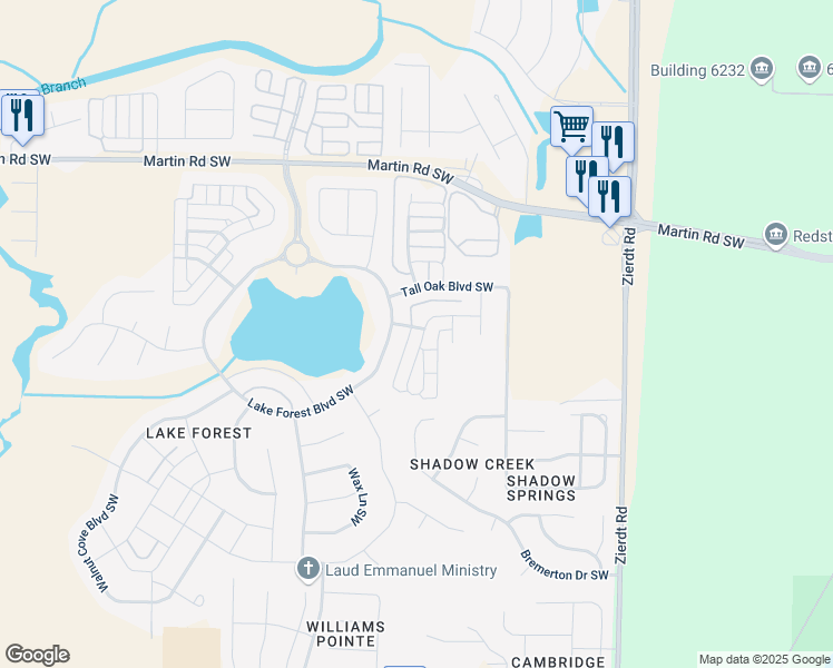 map of restaurants, bars, coffee shops, grocery stores, and more near 48 Atherton Circle Southwest in Huntsville