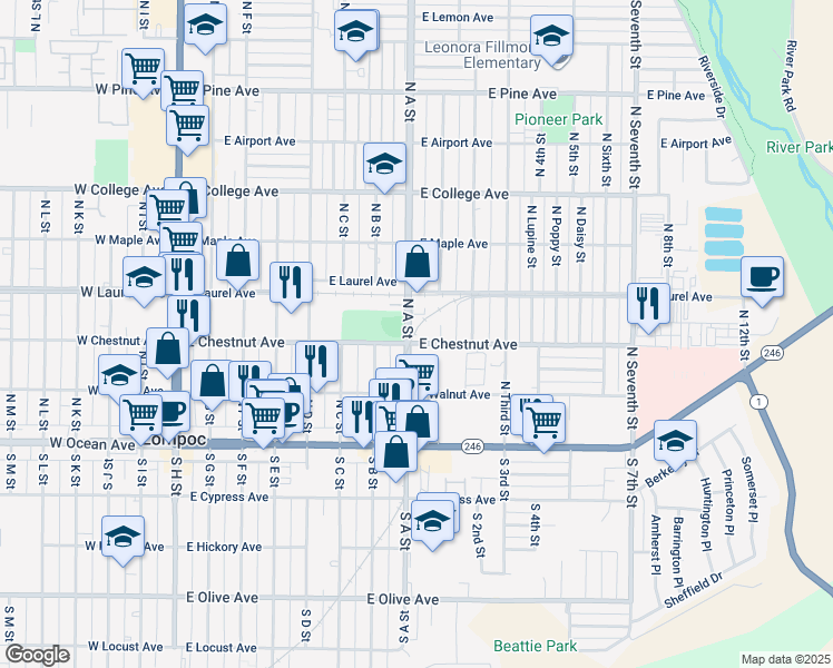map of restaurants, bars, coffee shops, grocery stores, and more near 801 East Chestnut Avenue in Lompoc