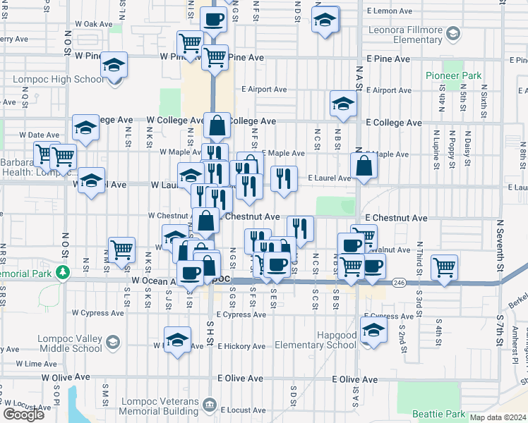 map of restaurants, bars, coffee shops, grocery stores, and more near 315 East Chestnut Avenue in Lompoc