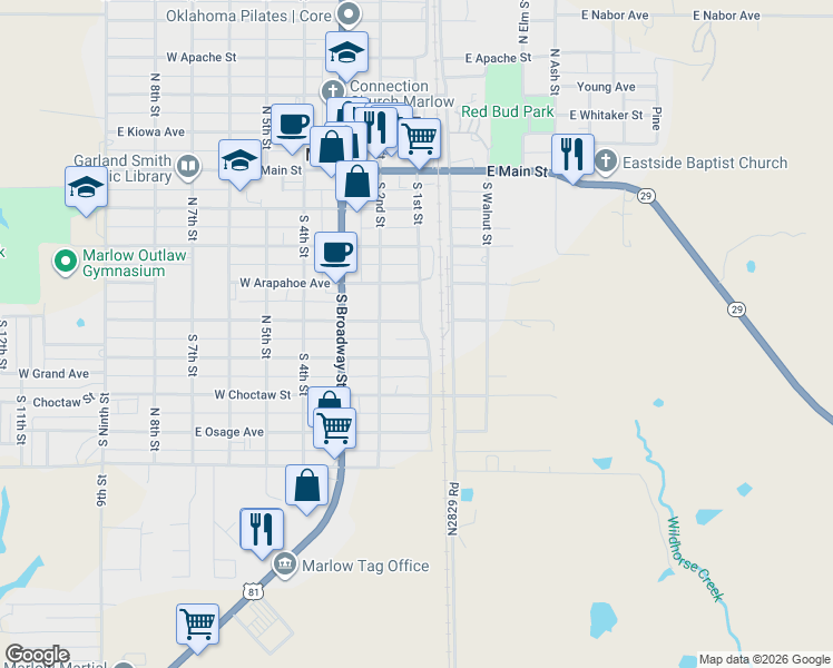 map of restaurants, bars, coffee shops, grocery stores, and more near 501 South 1st Street in Marlow