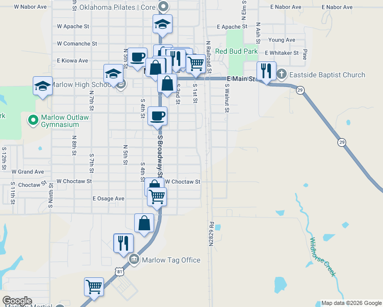 map of restaurants, bars, coffee shops, grocery stores, and more near 501-599 South 1st Street in Marlow