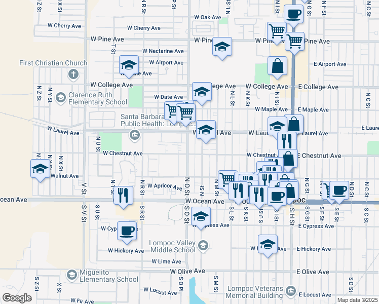 map of restaurants, bars, coffee shops, grocery stores, and more near 725 West Chestnut Avenue in Lompoc