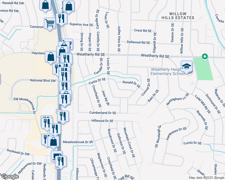 map of restaurants, bars, coffee shops, grocery stores, and more near 11009 Louis Drive Southeast in Huntsville
