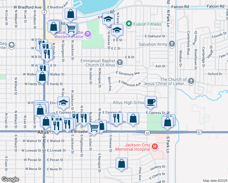 map of restaurants, bars, coffee shops, grocery stores, and more near 501 Navajoe Road in Altus