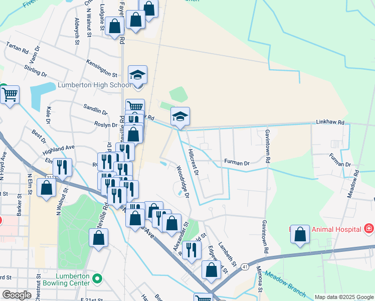 map of restaurants, bars, coffee shops, grocery stores, and more near 3709 Hillcrest Drive in Lumberton