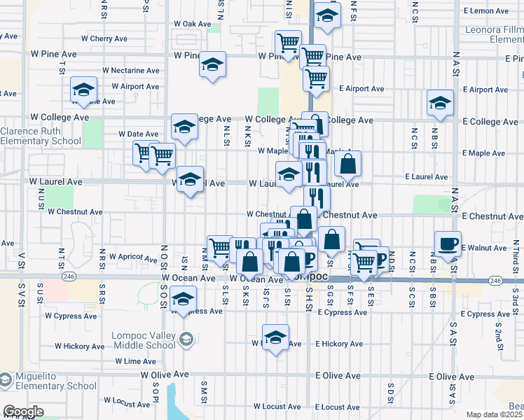 map of restaurants, bars, coffee shops, grocery stores, and more near 301 North J Street in Lompoc