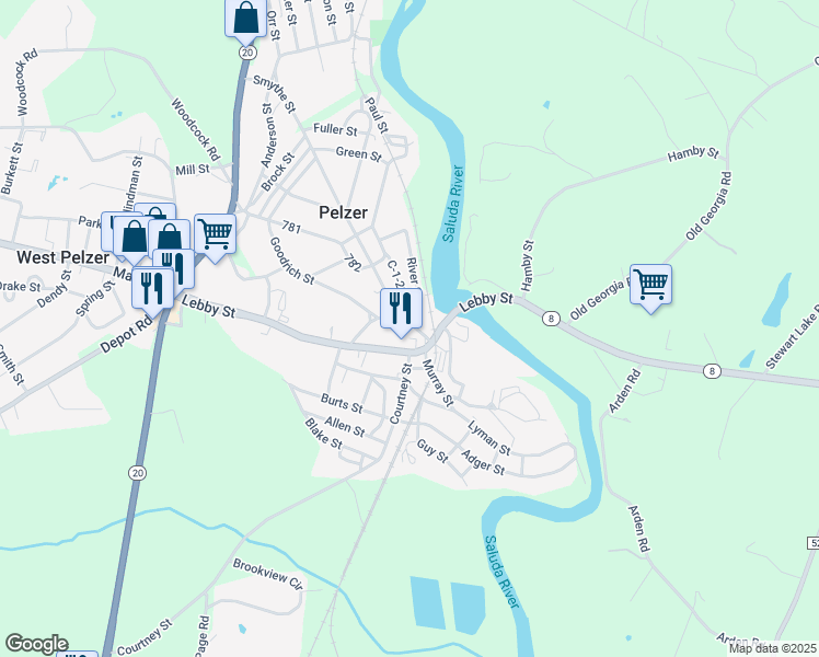 map of restaurants, bars, coffee shops, grocery stores, and more near 110 Smythe Street in Pelzer
