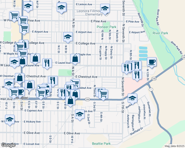 map of restaurants, bars, coffee shops, grocery stores, and more near 303 North Third Street in Lompoc