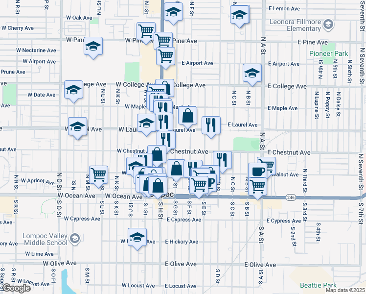 map of restaurants, bars, coffee shops, grocery stores, and more near 300 North G Street in Lompoc
