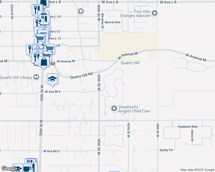 map of restaurants, bars, coffee shops, grocery stores, and more near 41820 Montallegro Street in Lancaster