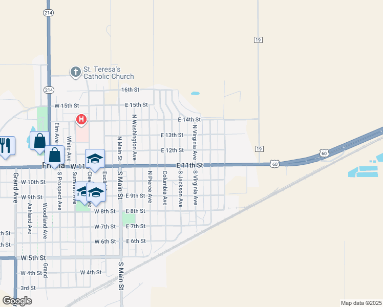 map of restaurants, bars, coffee shops, grocery stores, and more near 1111 North Virginia Avenue in Friona