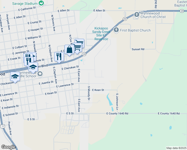 map of restaurants, bars, coffee shops, grocery stores, and more near 1344 Tumbleweed Road in Wynnewood