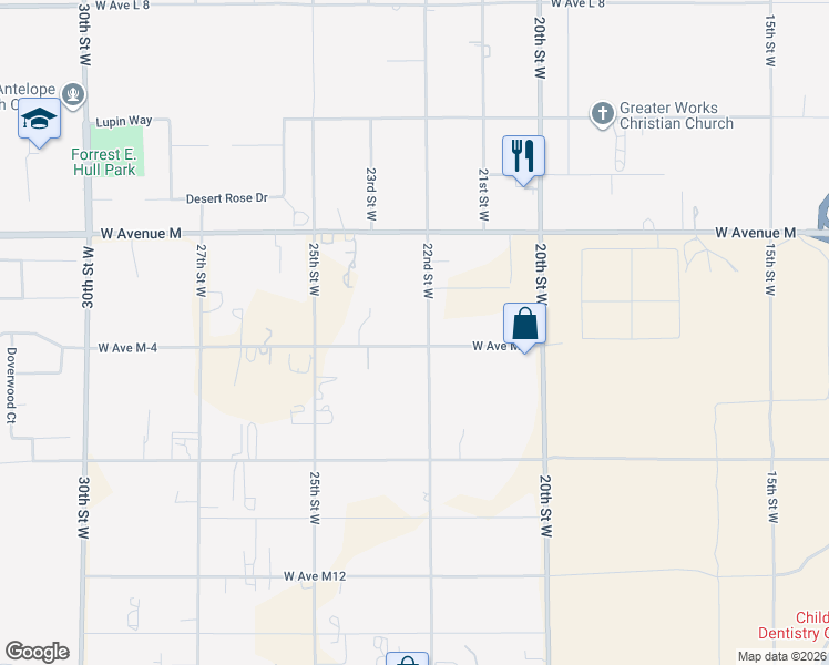 map of restaurants, bars, coffee shops, grocery stores, and more near 41809 22nd Street West in Palmdale