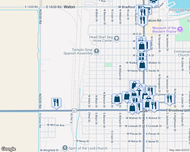 map of restaurants, bars, coffee shops, grocery stores, and more near 501 North Blain Street in Altus