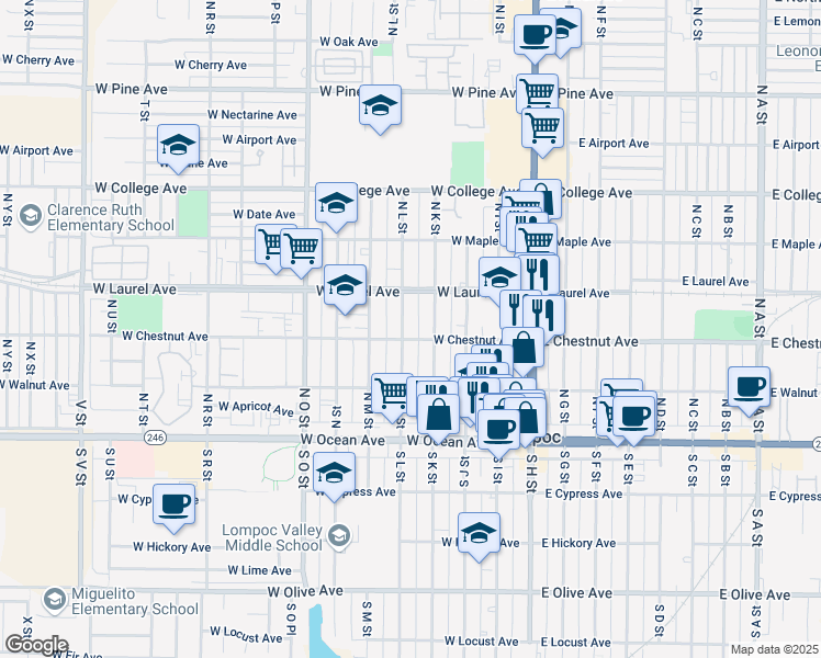 map of restaurants, bars, coffee shops, grocery stores, and more near 403 West Chestnut Avenue in Lompoc