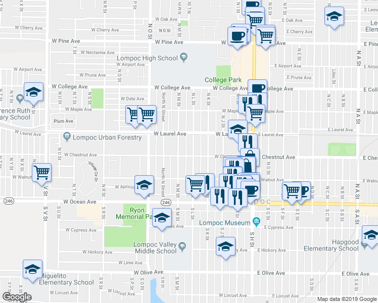 map of restaurants, bars, coffee shops, grocery stores, and more near 517 West Chestnut Avenue in Lompoc