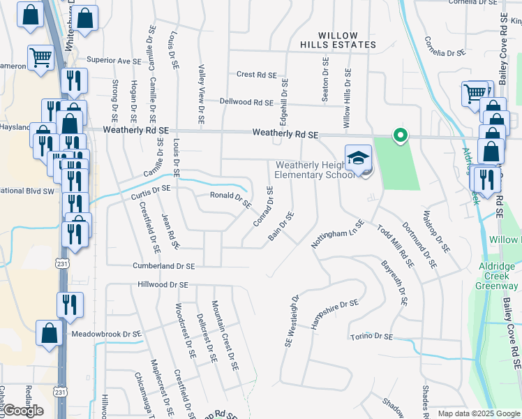 map of restaurants, bars, coffee shops, grocery stores, and more near 10018 Conrad Drive Southeast in Huntsville