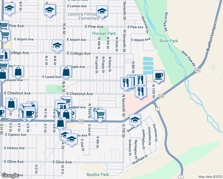 map of restaurants, bars, coffee shops, grocery stores, and more near 305 North Daisy Street in Lompoc
