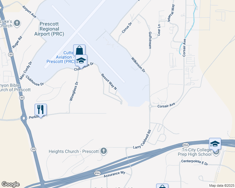 map of restaurants, bars, coffee shops, grocery stores, and more near 2190 Resort Way South in Prescott