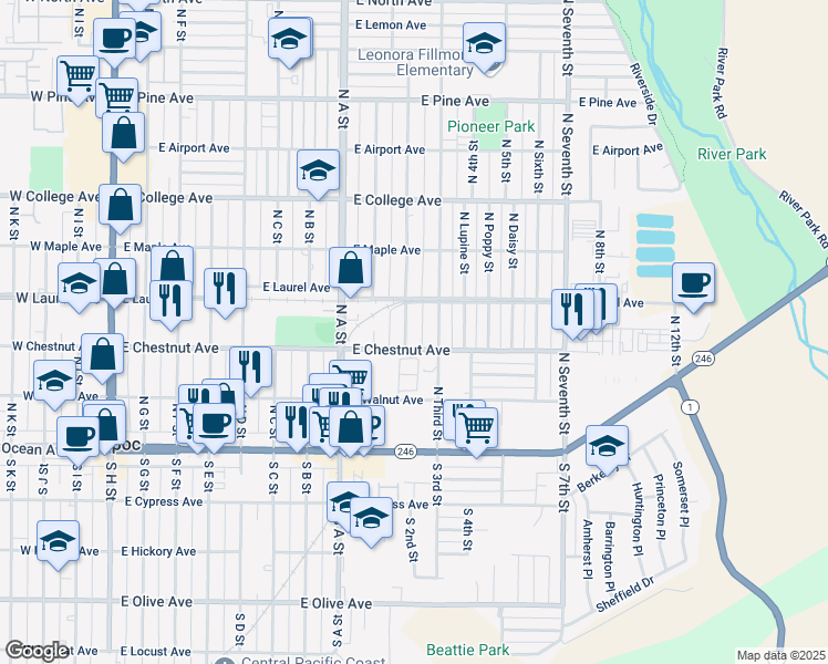 map of restaurants, bars, coffee shops, grocery stores, and more near 303 North Third Street in Lompoc