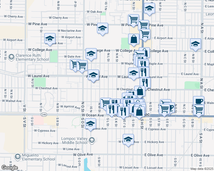 map of restaurants, bars, coffee shops, grocery stores, and more near 517 West Chestnut Avenue in Lompoc