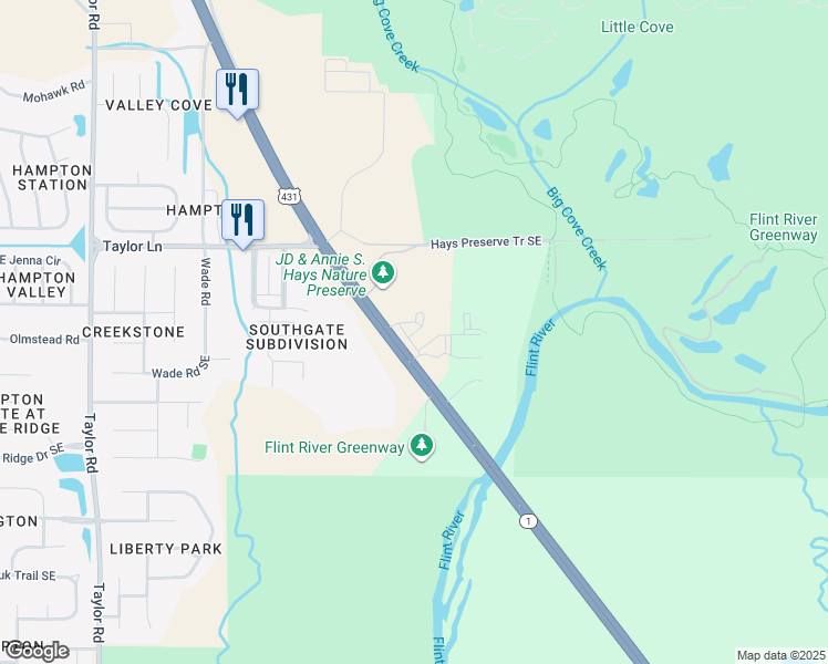map of restaurants, bars, coffee shops, grocery stores, and more near 7171-7249 State Highway 1 in Owens Cross Roads