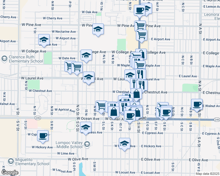 map of restaurants, bars, coffee shops, grocery stores, and more near 403 West Chestnut Avenue in Lompoc
