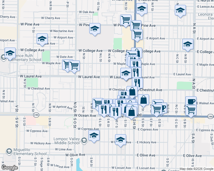 map of restaurants, bars, coffee shops, grocery stores, and more near 309 North K Street in Lompoc