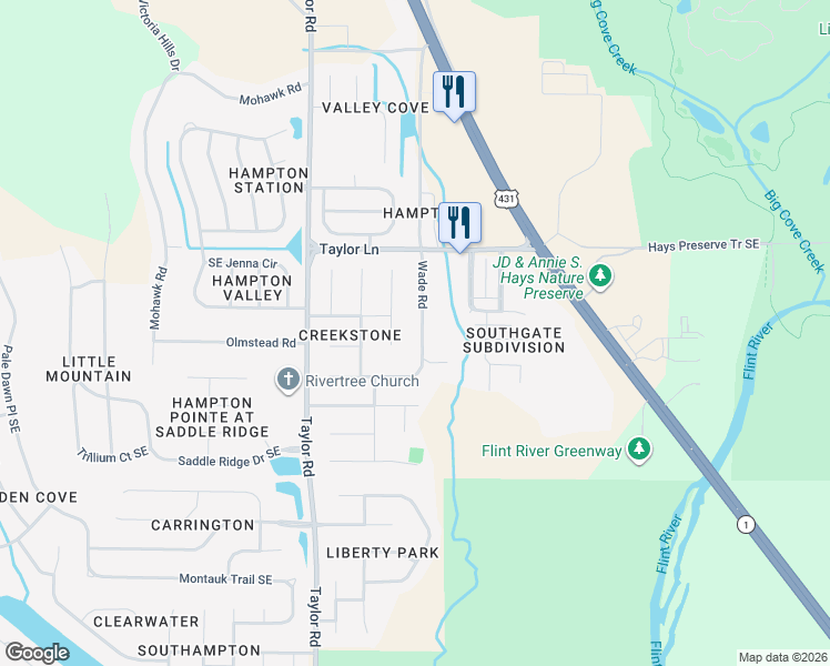 map of restaurants, bars, coffee shops, grocery stores, and more near 621 Wade Road in Owens Cross Roads