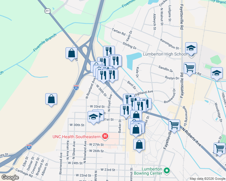 map of restaurants, bars, coffee shops, grocery stores, and more near 2519-2599 North Roberts Avenue in Lumberton