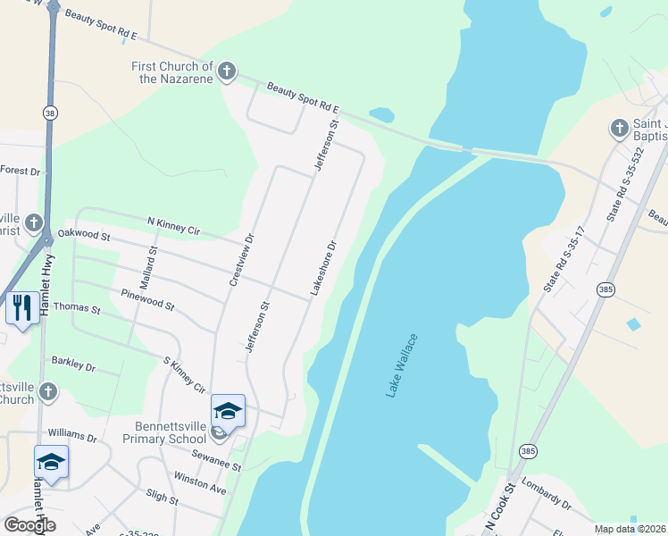 map of restaurants, bars, coffee shops, grocery stores, and more near 718 Lakeshore Drive in Bennettsville